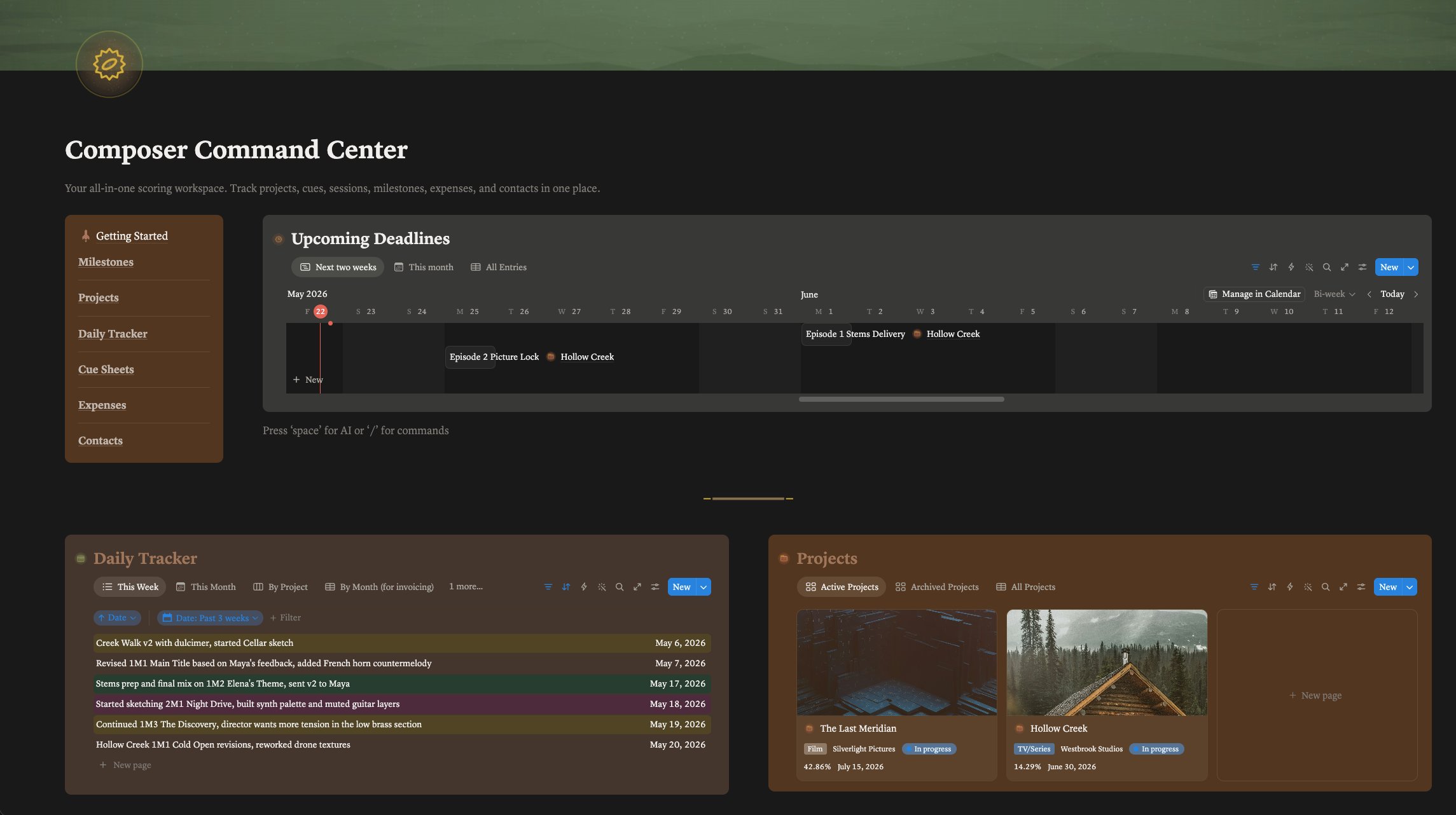 Composer Command Center dashboard showing upcoming deadlines, daily tracker, and active projects